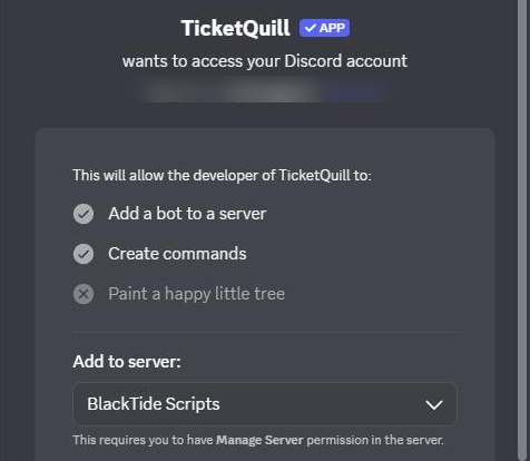 Discord’s authorise screen, showing what the bot may do and a dropdown to choose which server to add it to.