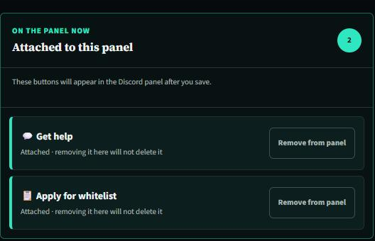 The panel builder listing two buttons attached to a panel: Get help and Apply for whitelist, each with a Remove from panel control.