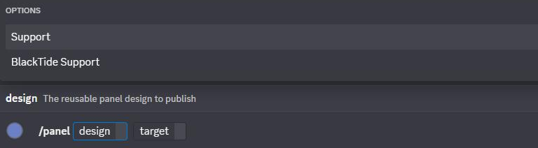 The /panel command staged in the Discord message box with design and target boxes, and a list of saved panel designs to choose from.
