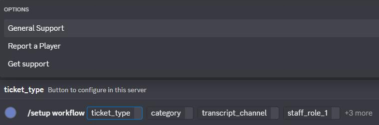 The /setup workflow command staged in the Discord message box, with a list of this server’s buttons to choose from for ticket_type.