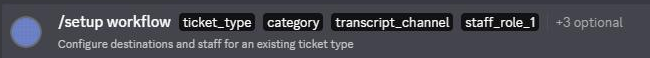 The Discord command list showing the TicketQuill /setup workflow command with ticket_type, category, transcript_channel and staff_role_1 options.