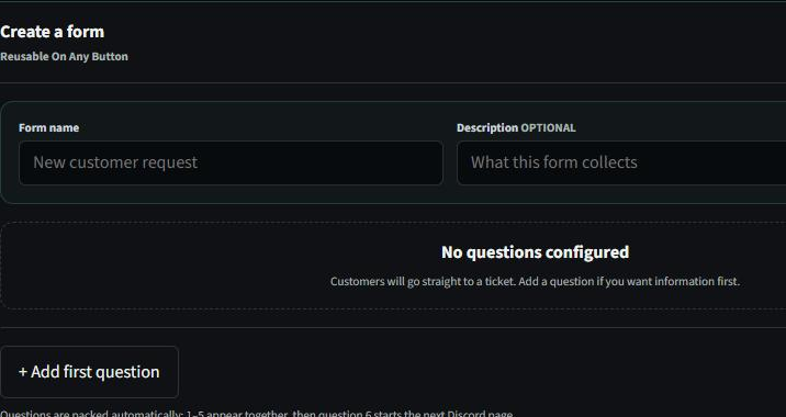 The Create a form card: a Form name box, an optional description, a No questions configured notice, and an Add first question button.