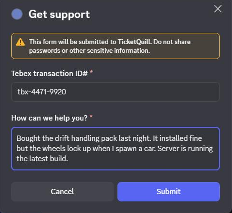 The form as a member sees it in Discord: a pop-up titled Get support with two questions filled in and a Submit button.