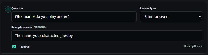 A form question in the builder: the question text, an answer-type dropdown set to Short answer, an optional example answer, and a Required checkbox.