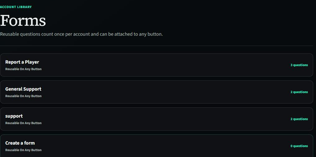 The Forms page listing existing forms, with a Create a form card at the bottom.