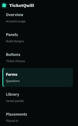 The left-hand menu on the TicketQuill dashboard: Overview, Panels, Buttons, Forms, Library and Placements.