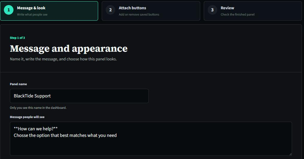 The panel builder on the website, on step 1 of 3, with a Panel name box and a larger box for the message members will see.