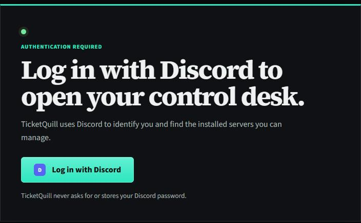 The TicketQuill sign-in screen, with a single Log in with Discord button.