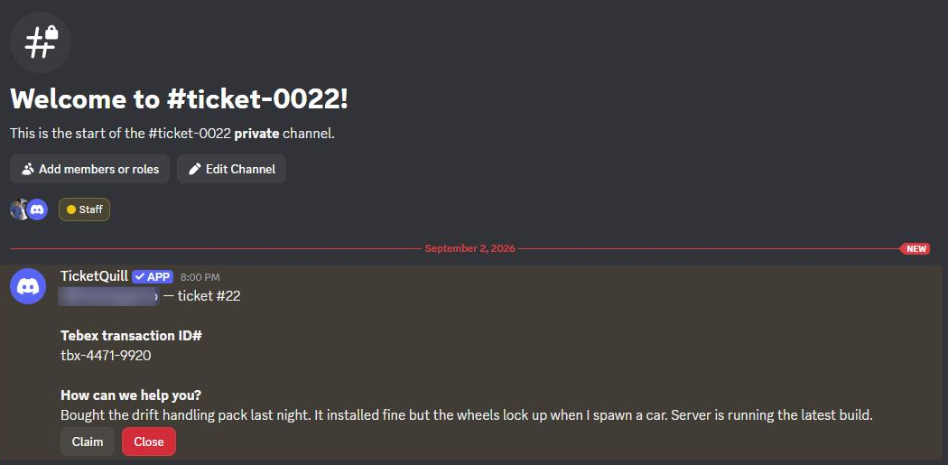 A newly opened private ticket channel in Discord, showing the member’s form answers and the Claim and Close buttons.